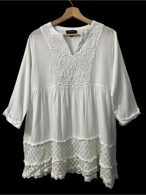 RD & Koko 3/4 Sleeve Embroidered Babydoll Tunic Mini Dress L Cotton Boho Peasant